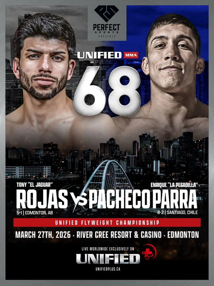 Afiche oficial de Unified MMA 68: Rojas contra Pacheco Parra, por el título peso mosca